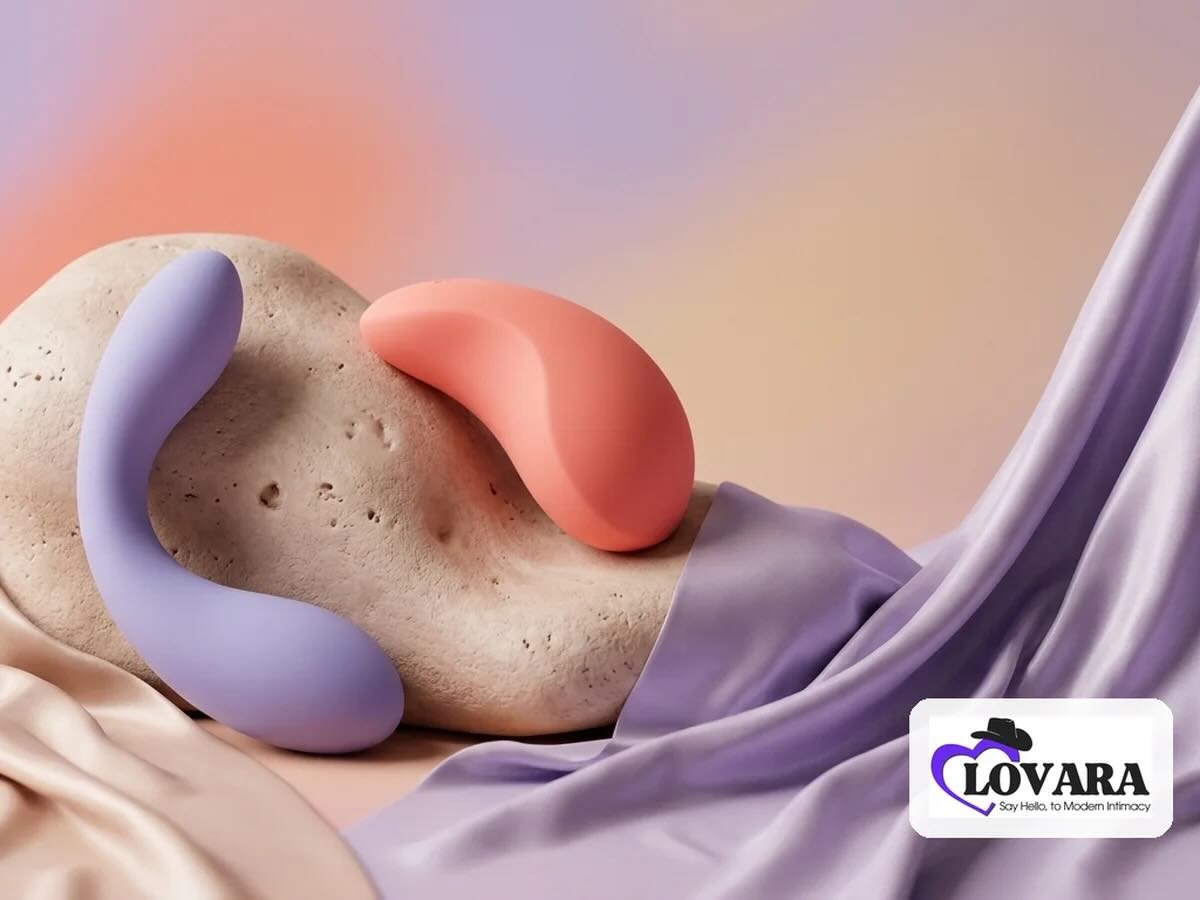 Soft lilac and coral wellness massagers resting on a stone with silk fabric